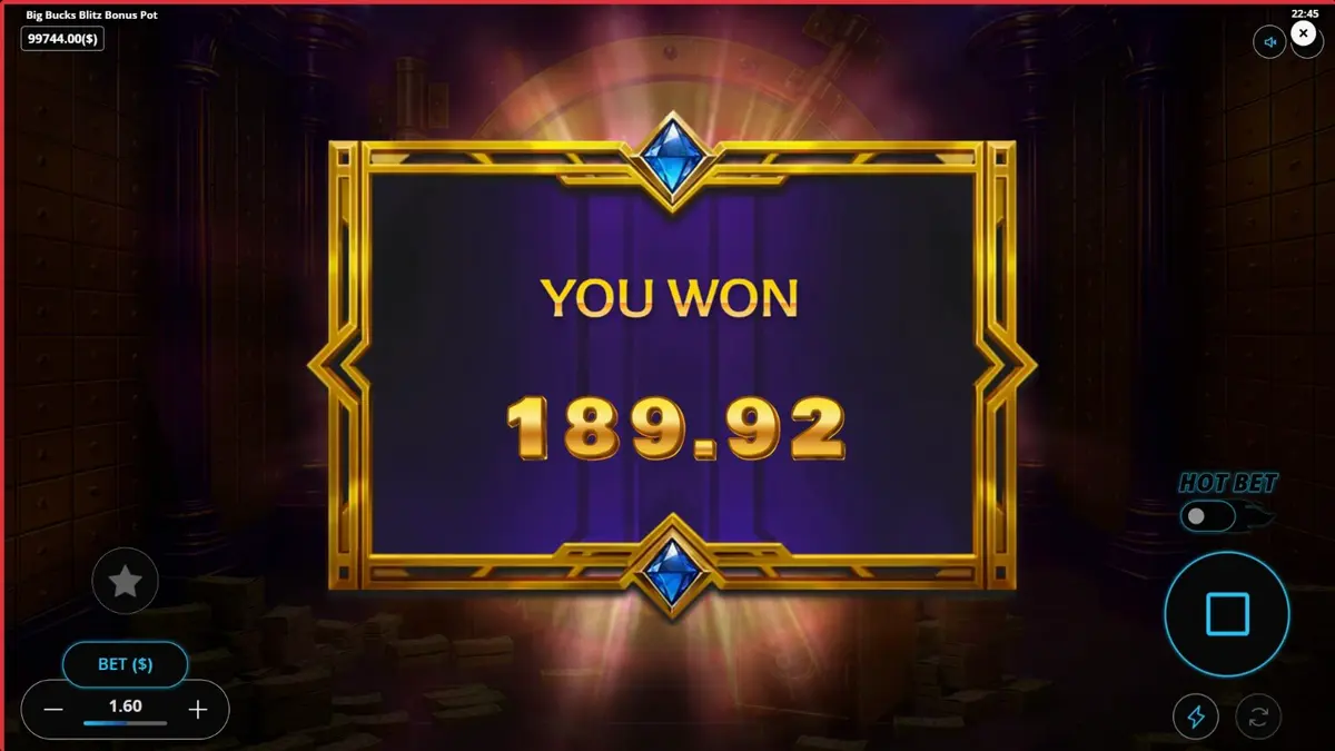 Tampilan visual mewah dari slot Big Bucks Blitz Bonus Pot dengan latar belakang brankas emas.
